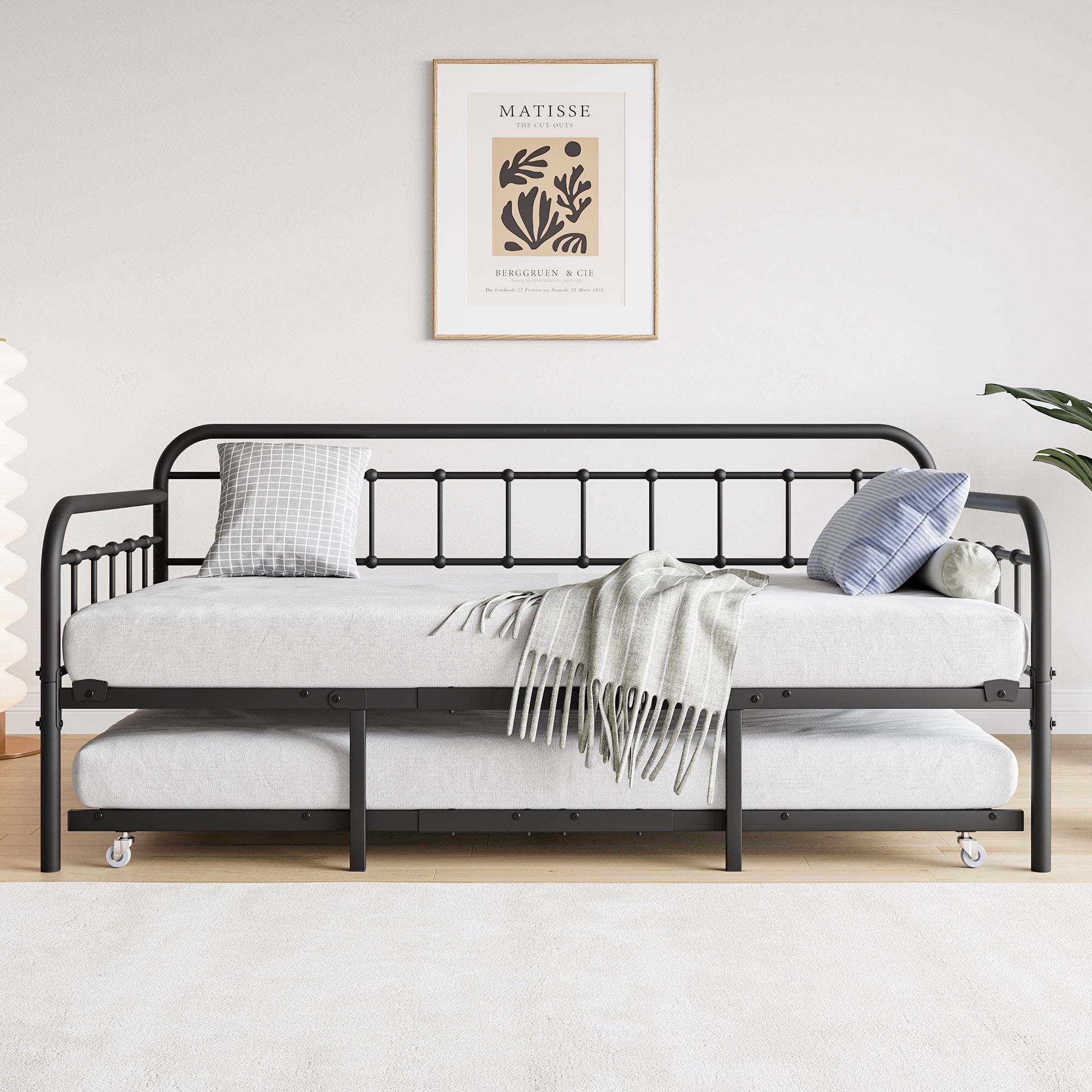 Twin Size Metal Daybed Frame with Trundle, Heavy Duty Steel Slat