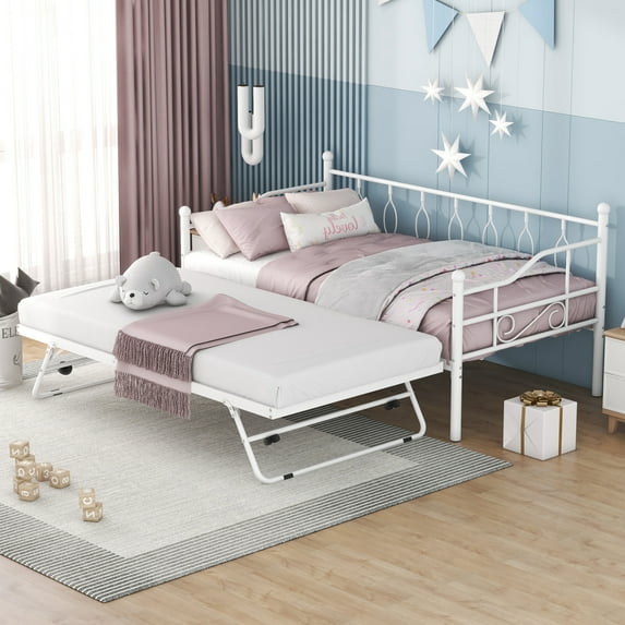 Twin Size Metal Daybed, Heavy-Duty Metal Bed Frame with Adjustable Pull-Out Trundle Bed, Portable Folding Sofa Bed for Bedroom, Living Room, Space Saving, White