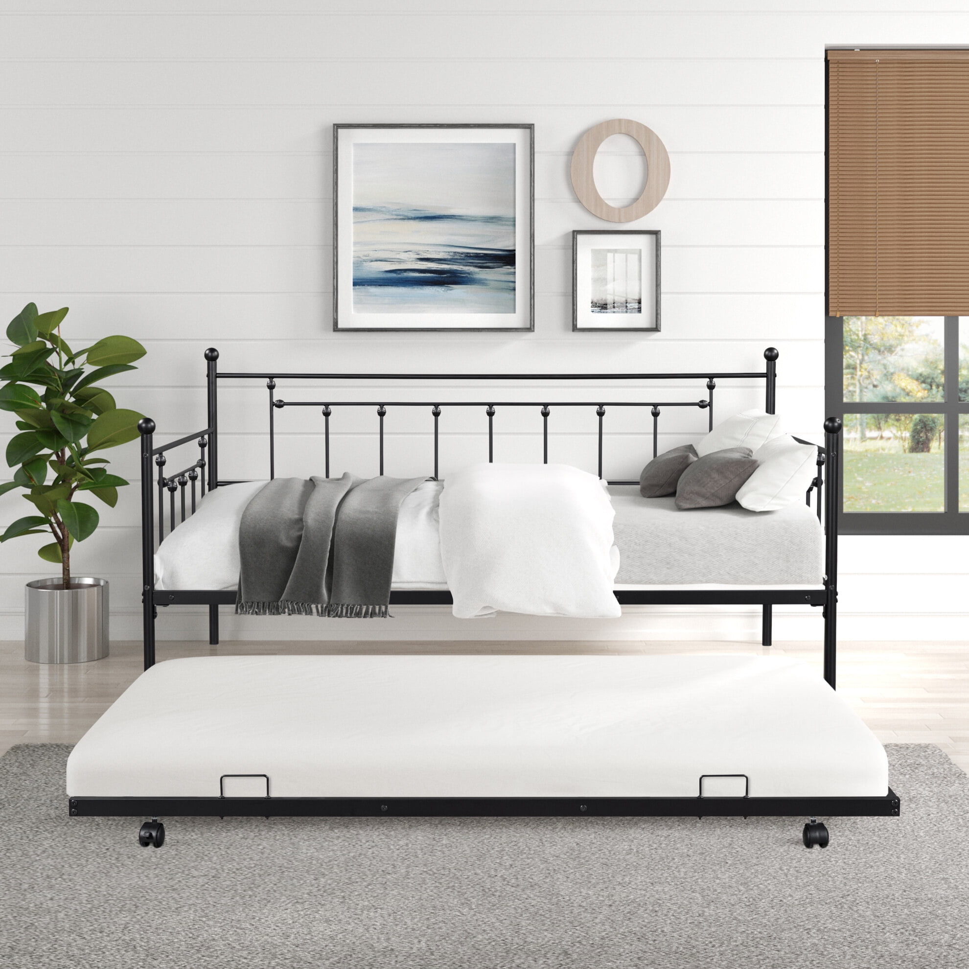 Twin Size Metal Daybed with Pull Out Trundle, 2 in 1 Upholstered Frame