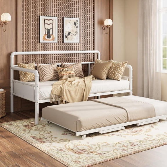 Tzou Twin Size Metal Daybed with Pull-Out Trundle, 450 lbs Capacity Sofa Bed Frame, Textured Black Finish, No Box Spring, Classic Headboard for Guest Room, Living Room, Office