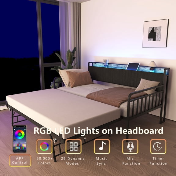 Twin Size Metal Daybed with Pull-Out Trundle, Upholstered Headboard, Charging Station & Storage Shelf, RGB LED Light, Lockable Casters, 880lbs Capacity, No Box Spring Needed, Black