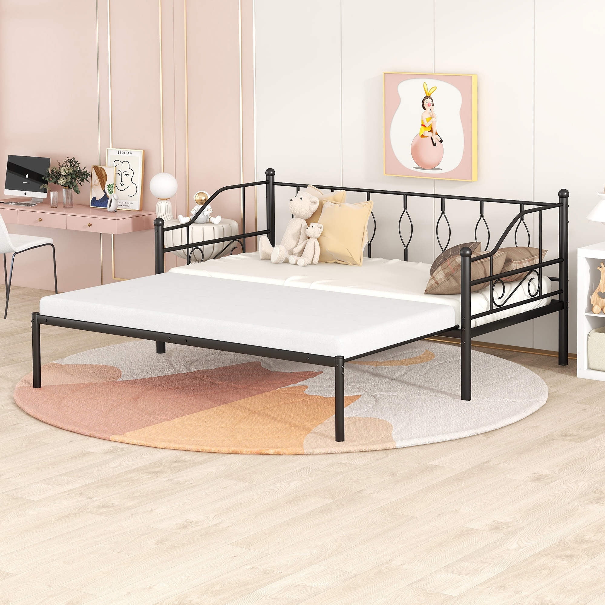 Twin Size Metal Daybed with Trundle, HeavyDuty Steel Bedframe