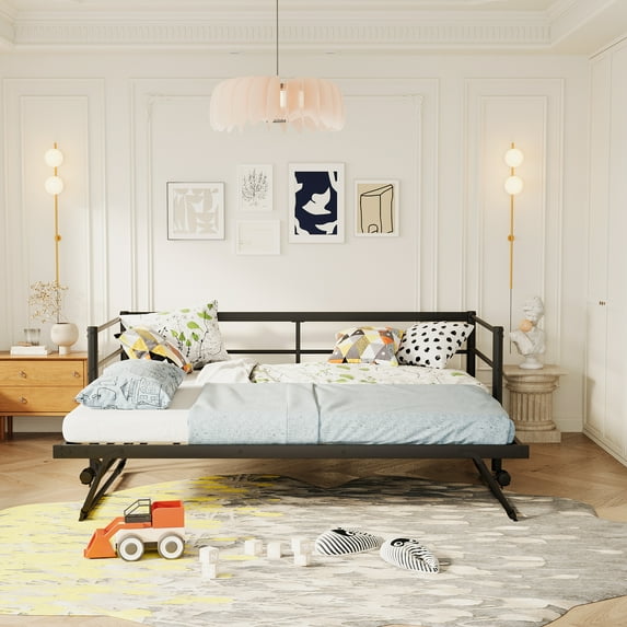 Twin Size Metal Daybed with Adjustable Trundle, Pop Up Trundle