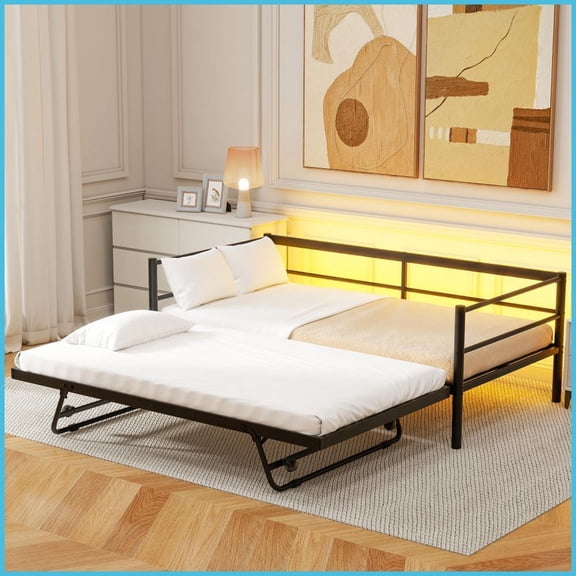 Twin Size Metal Daybed with LED & Adjustable Pop-Up Trundle, No Box Spring Needed, Black for Guest Rooms