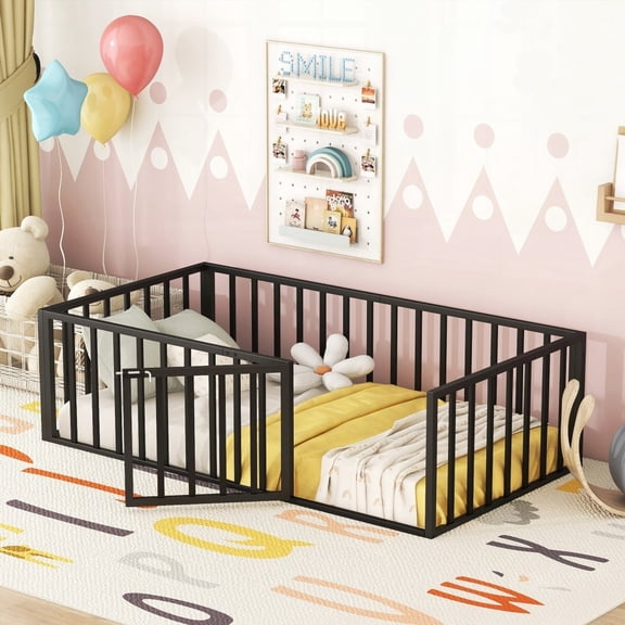 Twin Size Metal Floor Bed Frame: Black with Fence & Door, Fun Design!