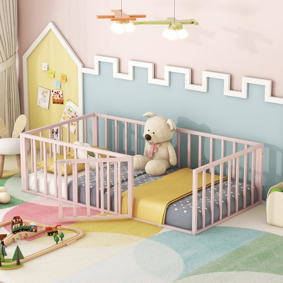 Twin Size Metal Floor Bed Frame With Fence And Door, Pink