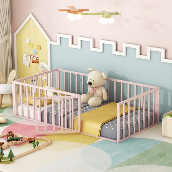 Twin Size Metal Floor Bed Frame With Fence And Door, Pink