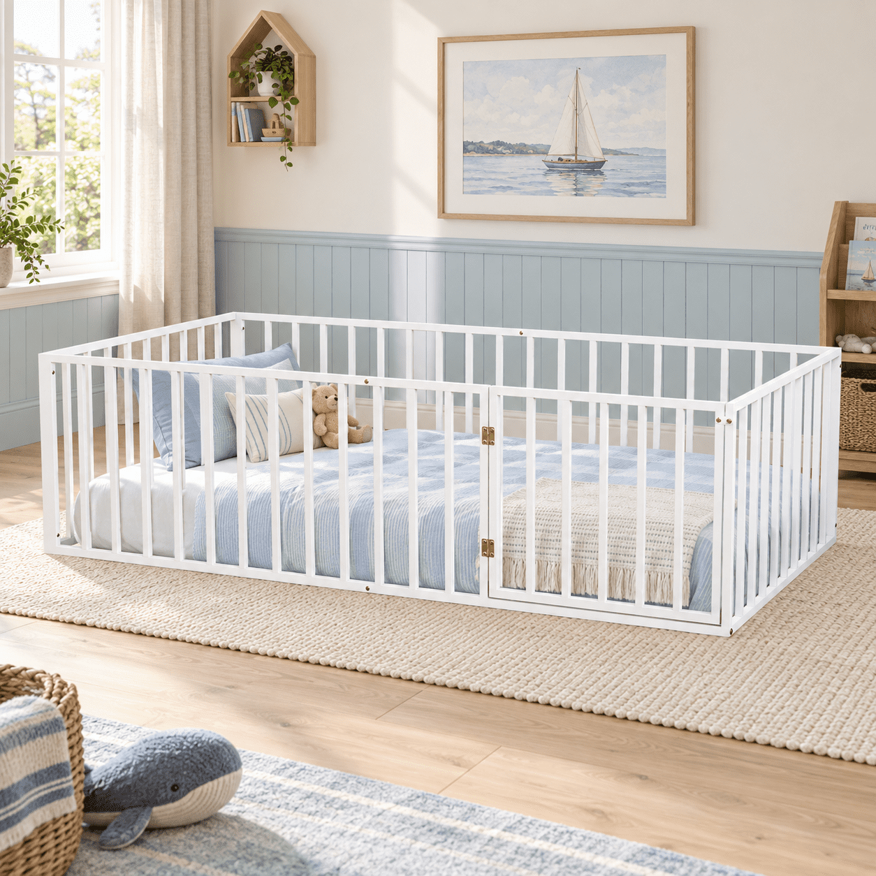 Plus Size Entry Twin Size Metal Floor Bed Frame with Fence and Door,Low-Profile ...