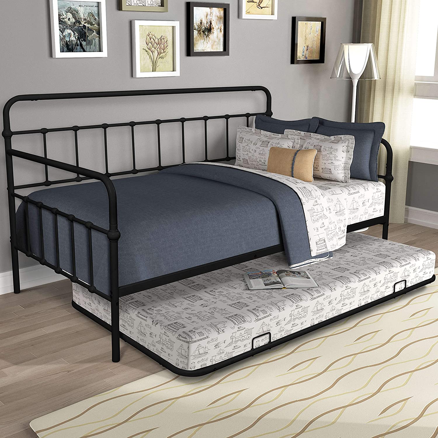 Twin Size Metal Frame Daybed with Trundle Heavy Duty Steel Slat Support