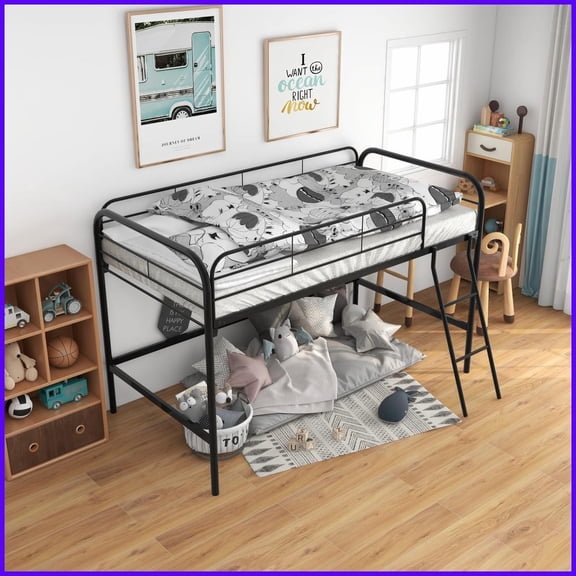 Twin Size Metal High Loft Bed with Storage Steps Black - Space-Saving for Bedroom