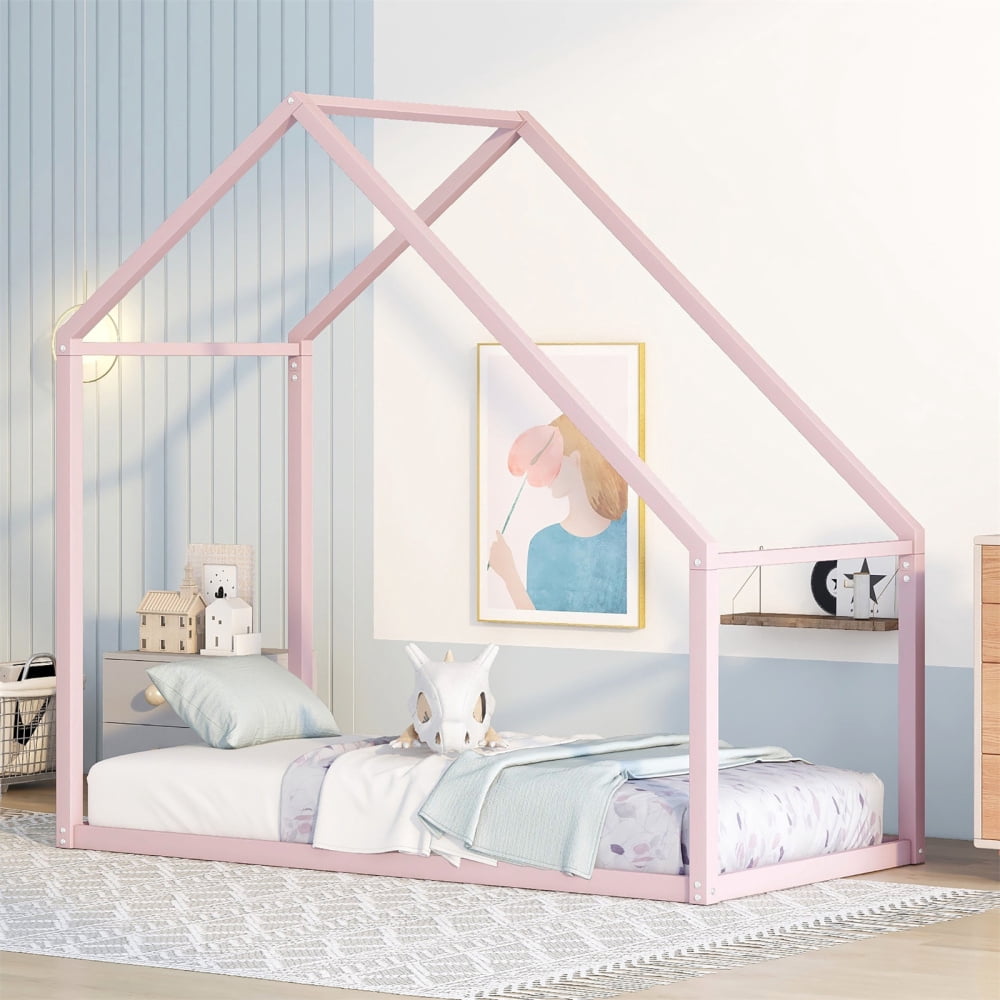 LUSPAZ Twin Size Metal House Floor Bed With Guardrail - Montessori Toddler Bed