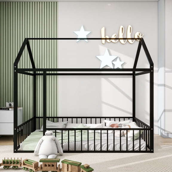 Twin Size Metal House Bed Frame with Fence, Black