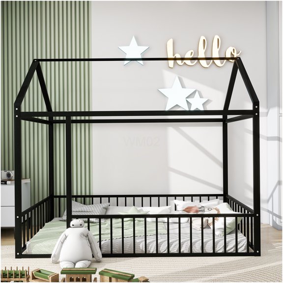 Twin Size Metal House Bed Frame with Fence Roof, Themed Cottage Design for Playful Bedrooms, No Box Spring Needed