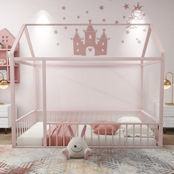 Twin Size Metal House Bed Frame with Rails, Montessori Floor Bed  without Slats (Pink)