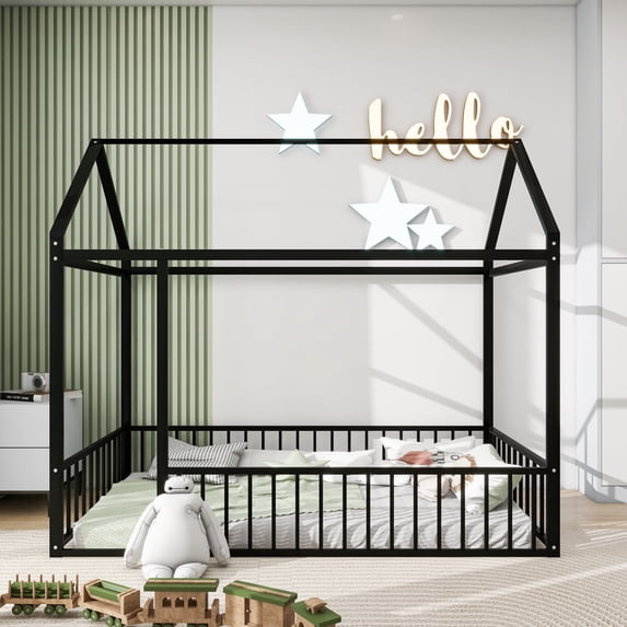 Twin Size Metal House Bed Frame with Rails, Montessori Floor Bed without Slats (Black)
