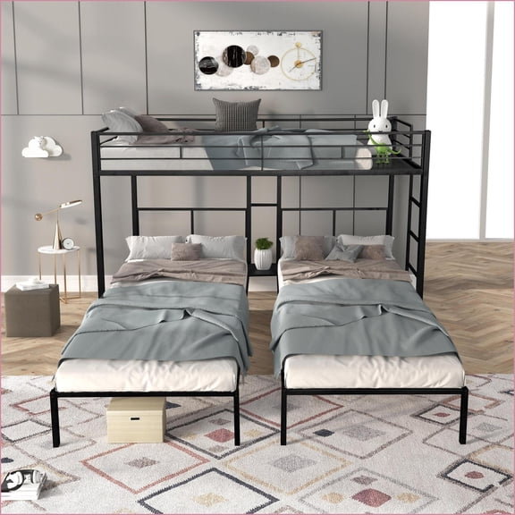 Twin Size Metal L-Shaped Triple Bunk Bed with Built-In Side Table, Noise-Free Slats, No Box Spring Needed, Black