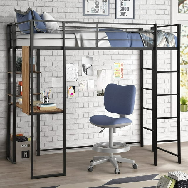 Twin Size Metal Loft Bed with 2 Shelves and One Desk, Build-in Ladders and Length Guardrails, Space-Saving Design, Twin Bed Frame for Kids/Teens (Black)