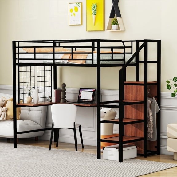Twin Size Metal Loft Bed, Black, Equipped with Desk, Metal Grid & Lateral Ladder-Wardrobe Combo