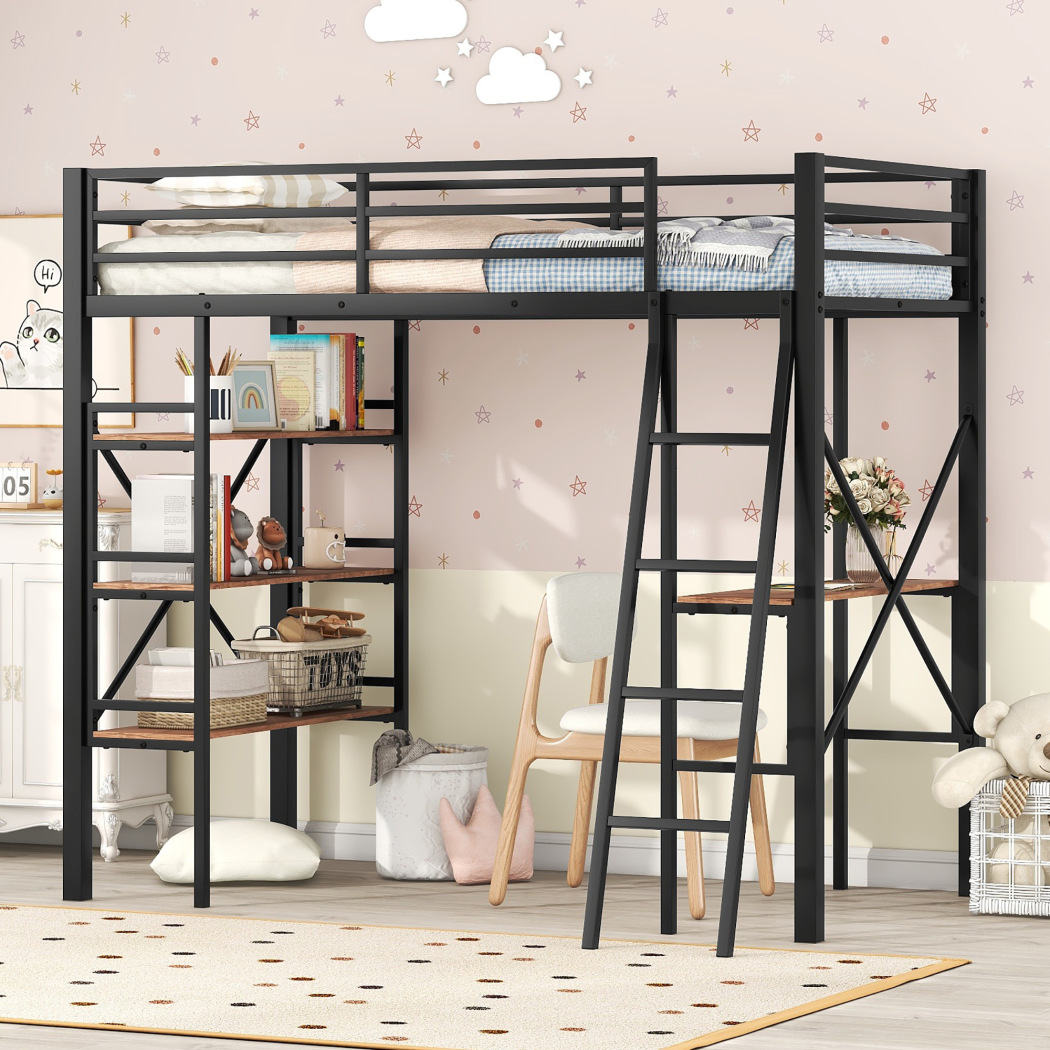 Twin Size Metal Loft Bed with Desk, Heavy Duty Loft Bed with Book Shelf