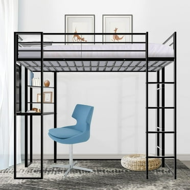 Twin Size Metal Loft Bed with Desk and Shelves, High Loft Bed for Teen, Metal Bed Frame with 2 Built-in Ladders and Full-length Guardrail, Noise Free, No Box Spring Needed, 200LBS Weight Capacity