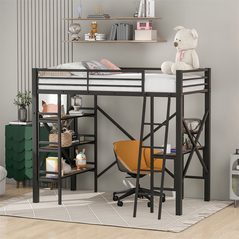 Twin Size Metal Loft Bed with Desk and Shelves for Kids and Juniors