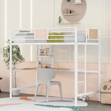 Twin Size Metal Loft Bed with Desk and Storage Shelve, High Loft Bed Frame with Safety Guardrails and Ladders for Teens Adults, No Box Spring Needed,White