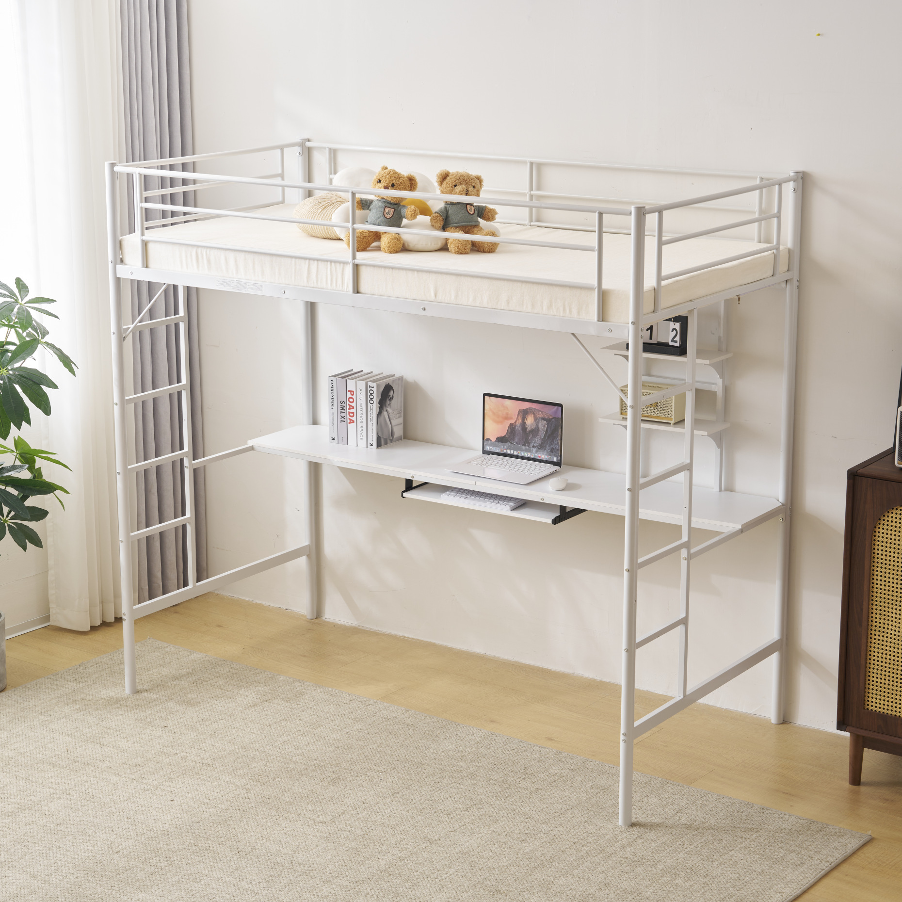 Twin Size Metal Loft Bed with Desk & Storage Shelves, Heavy Duty Loft ...