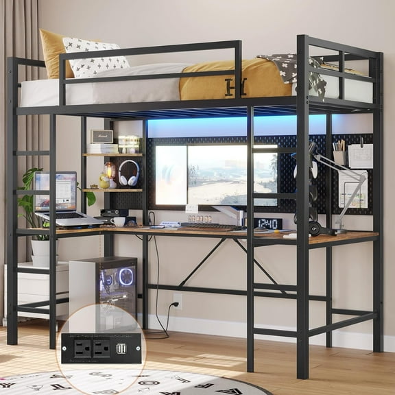 Twin Size Metal Loft Bed Frame with U shaped Desk&Charging Station&LED Lights, Twin Loft Bed Frame with Storage Shelves, Safety Guard & Ladder, Black
