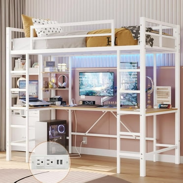 Twin Size Metal Loft Bed Frame with U shaped Desk&Charging Station&LED Lights, Twin Loft Bed Frame with Storage Shelves, Safety Guard & Ladder, White