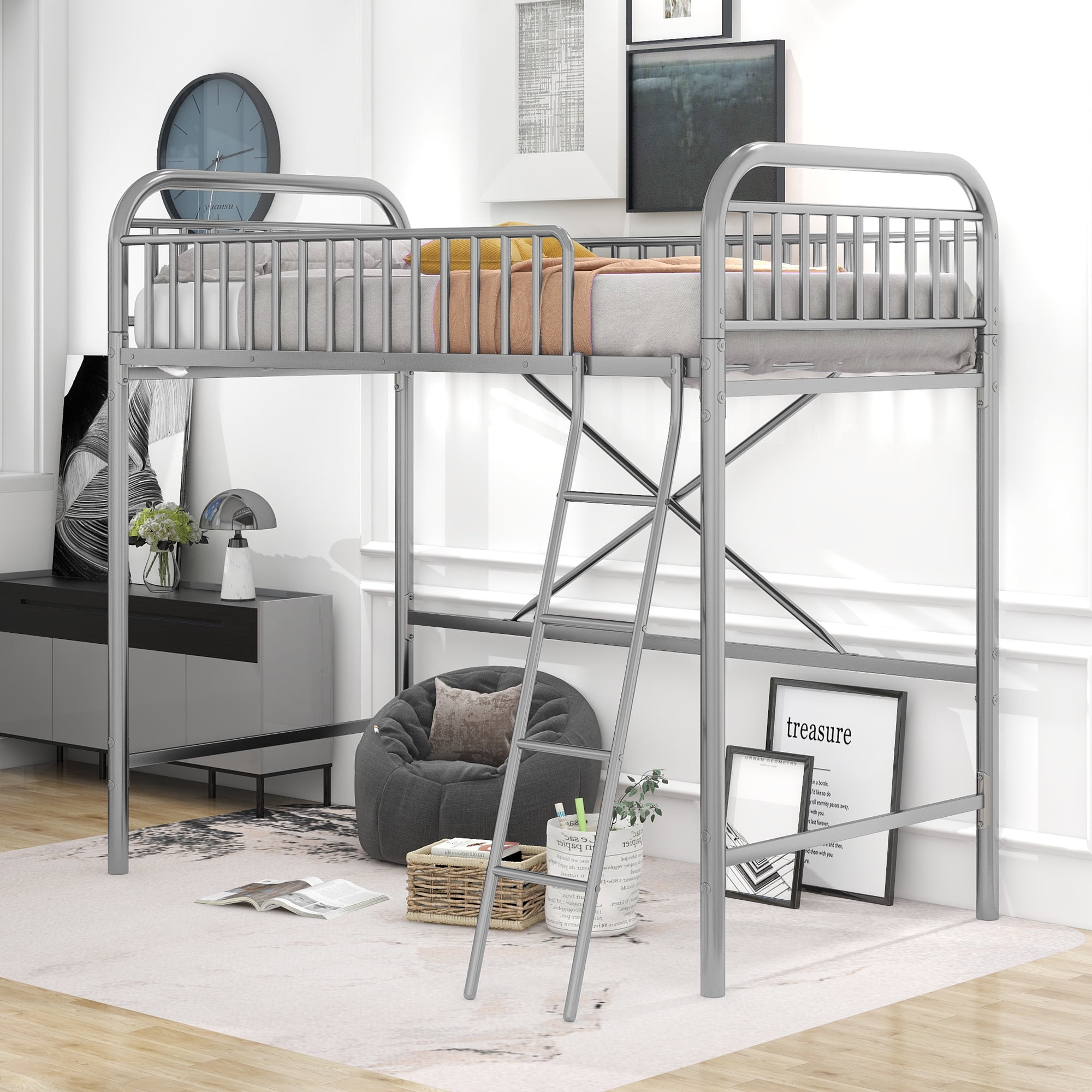 Twin Size Metal Loft Bed, HeavyDuty Slatted Loft Bed Frame with