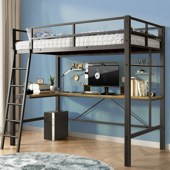 Twin Size Metal Loft Bed with L-Shaped Desk, Charging Station, Loft Bed Frame with Full-length Safety Guard & Ladder for Teens Boys Girls, No Box Spring Needed, Black