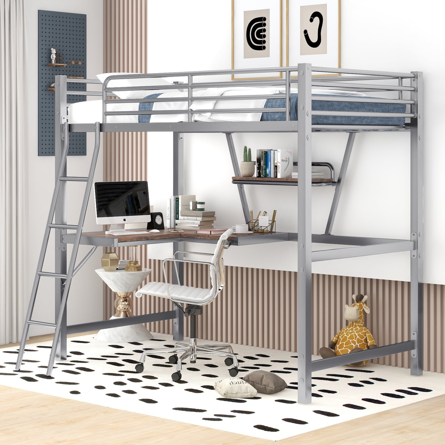 Twin Size Metal Loft Bed with LShaped Desk and Shelf, Heavy Duty Loft