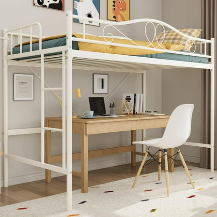 Twin Size Metal Loft Bed with Ladder and Full-Length Guardrail, Heavy Duty Space-Saving Loft Bed Frame 400 Lbs Capacity, Noise-Free, No Box Spring Needed, Easy Assembly, Beige