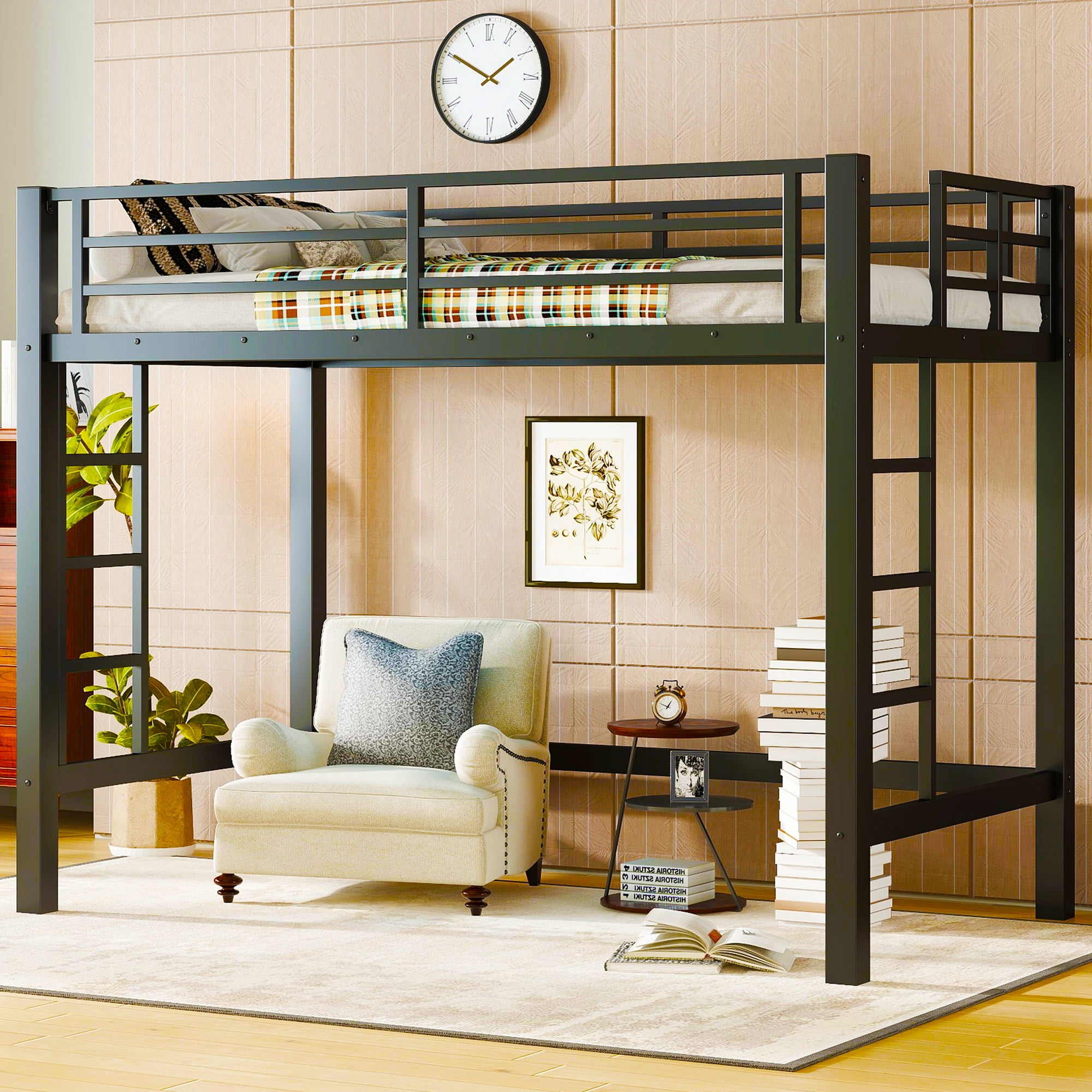 Twin Size Metal Loft Bed with 2 Side Ladders for Dorms and Apartments ...
