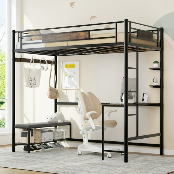 Twin Size Metal Loft Bed with Desk, Charging Station, Shelves and 3-in-1 Coat Rack for Bedroom and Apartment