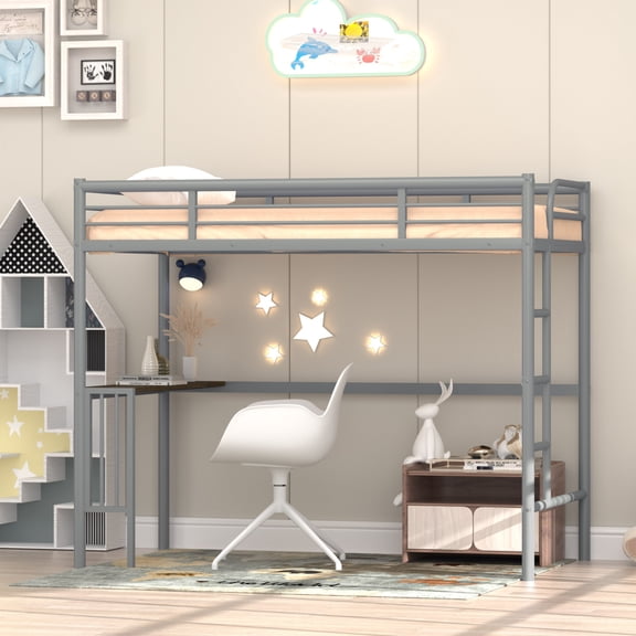 Twin Size Metal Loft Bed with Desk, High Loft Bed Frame with Ladder and Guardrails, Space Saving, No Box Spring Needed, for Boys Girls Teens Adults
