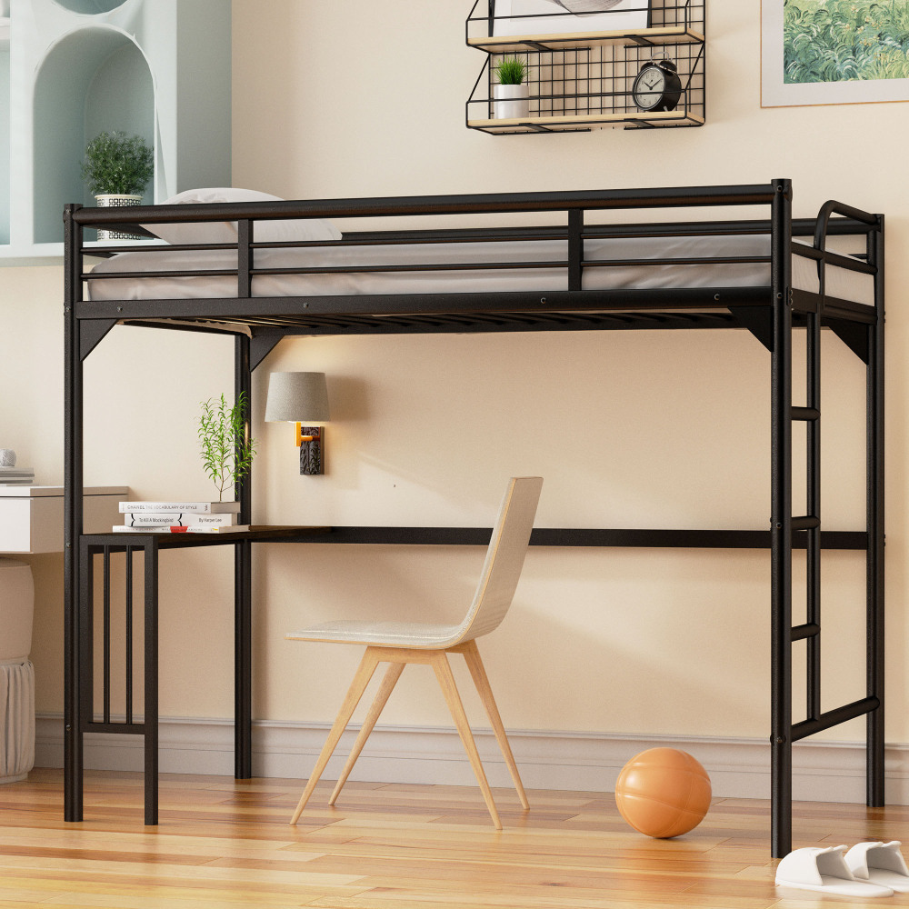Twin Size Metal Loft Bed with Desk, Ladder and Guardrails, Bunk Bed
