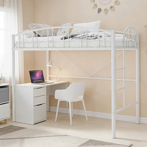 Twin Size Metal Loft Bed with Safety Guardrail - Heavy Duty Space Saving Design, 400lb Capacity, No Box Spring Needed, for Adults