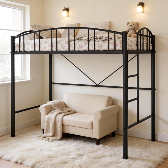 Twin Size Metal Loft Bed with Safety Guardrail - Heavy Duty Space Saving Design, 400lb Capacity, No Box Spring Needed, for Adults