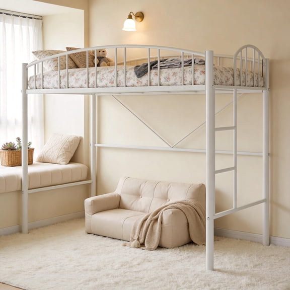 Twin Size Metal Loft Bed with Safety Guardrail - Heavy Duty Space Saving Design, 400lb Capacity, No Box Spring Needed, for Adults