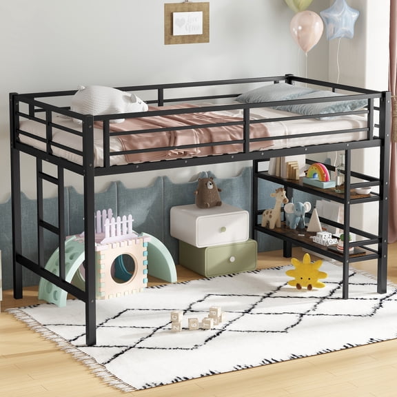 Twin Size Metal Loft Bed with Storage Shelf, Loft Bed with Easy Climbing Ladder and Guardrails , Black