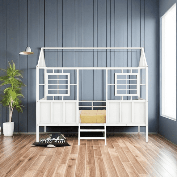 Twin Size Metal Loft House Bed with Roof and 2 Front Windows, Playhouse Low Loft Bed for Girls/Boys/Teens, Full-Length Safety Rails, No Box Spring Needed