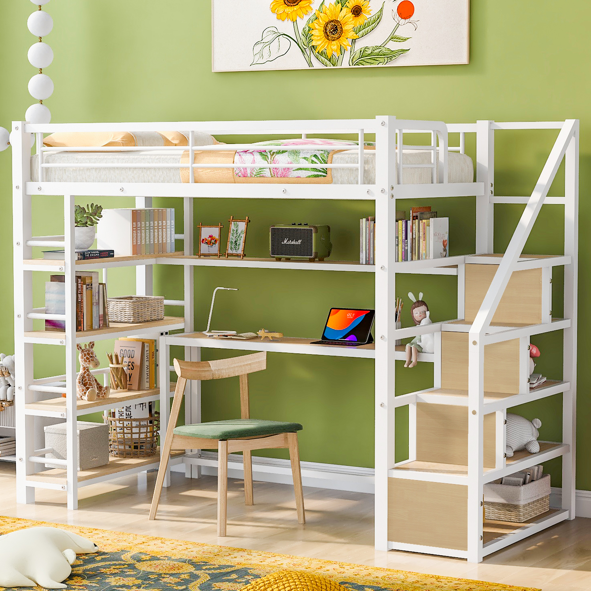 Twin Size Metal Loft bed with Staircase and Builtin Desk,Heavy Duty