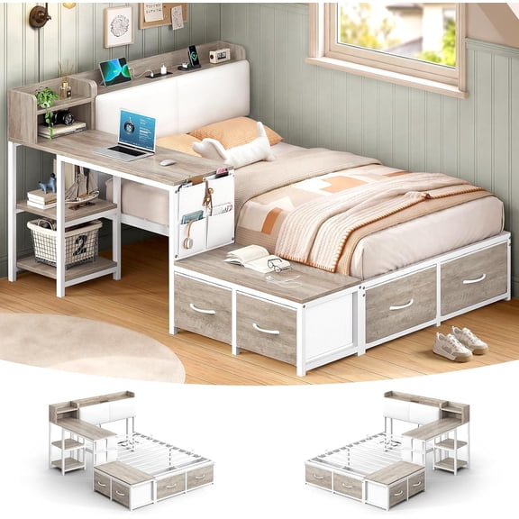 Twin Size Metal Platform Bed Frame with Desk, Storage Headboard with Charging Station, 4 Fabric Drawers & Storage Bench, Industrial Bed with Upholstered Headboard, No Box Spring Needed, Gray&White