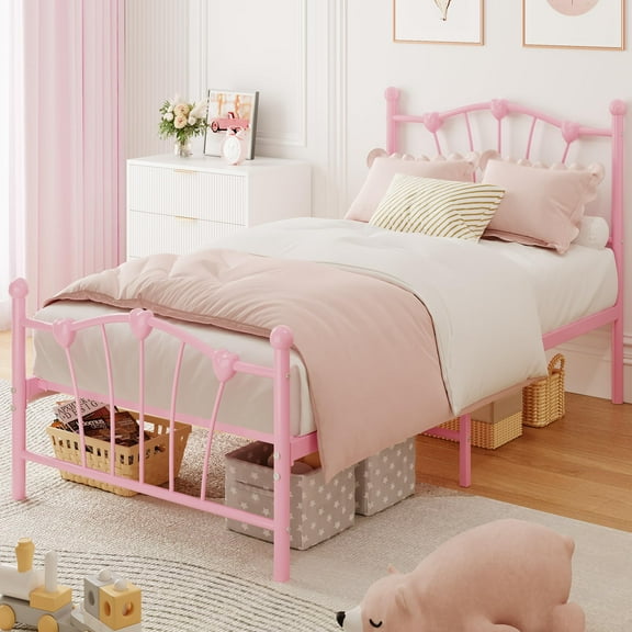 Twin Size Metal Platform Bed Frame for Girls, Twin Bed Frame with Headboard and Footboard Heavy Duty Mattress Foundation with Steel Slats Support, No Box Spring Needed, Easy Assembly