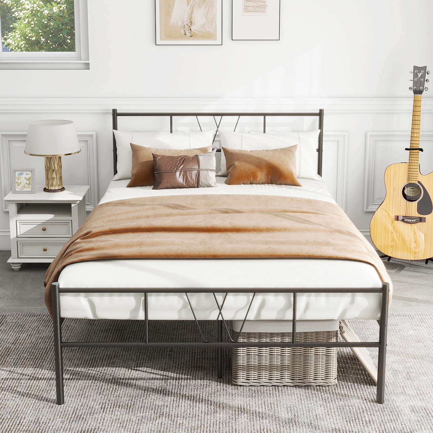 Twin Black Metal Platform Bed Frame with Headboard and Slats