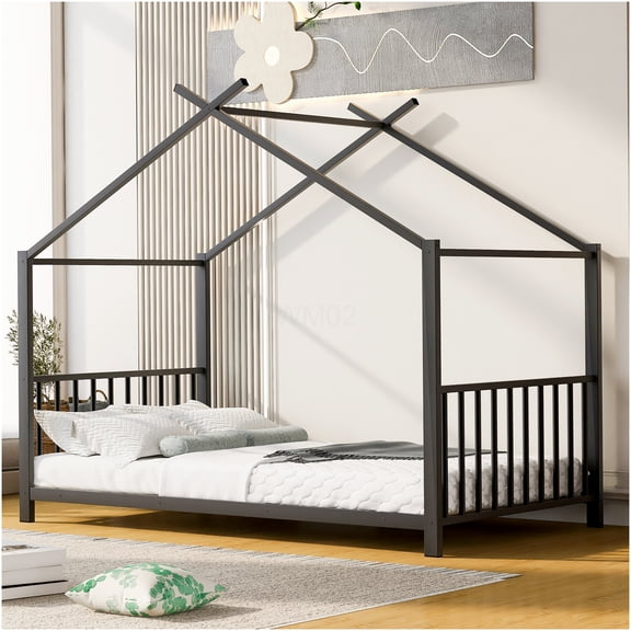 Twin Size Metal Platform Bed Frame with Slats, No Box Spring Needed, Black Mattress Foundation for Small Space, Sturdy Support, Easy Assembly
