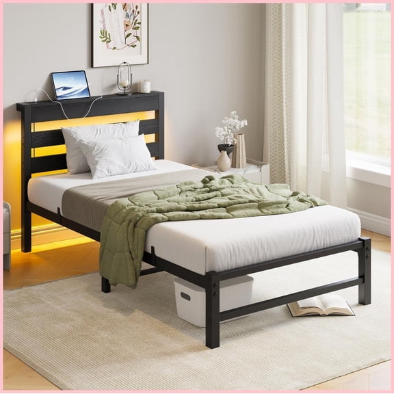 Twin Size Metal Platform Bed Frame with USB Charging & LED Lights, No Box Spring Needed, Noise-Free, Black for Bedroom