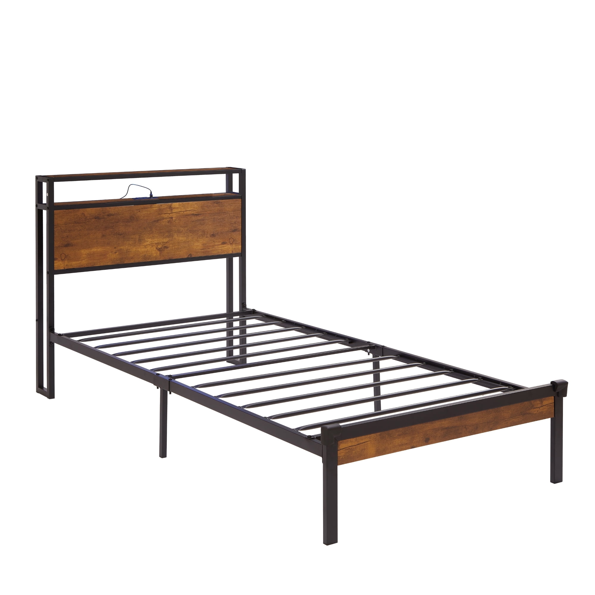 Twin Size Metal Platform Bed Frame with Wooden Headboard & Footboard, USB Liner, No Box Spring Needed, Under Bed Storage