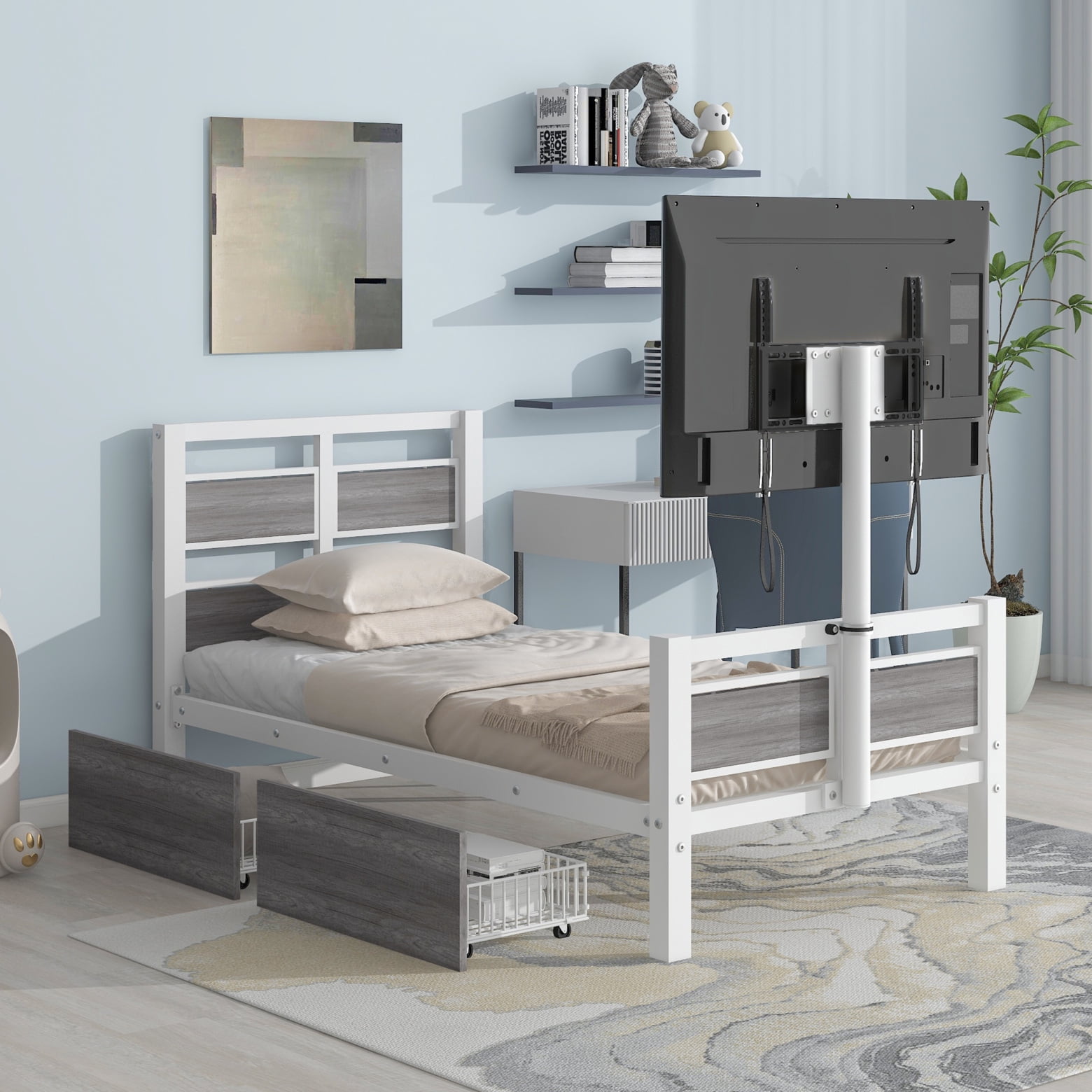 Twin Size Metal Platform Bed with MDF Headboard and Footboard, Multifunctional Platform Bed